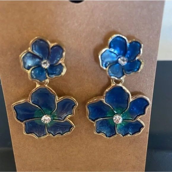 Vintage Double Flower Blue Enamel With Crystal Rhinestone Drop Earrings - Picture 4 of 8